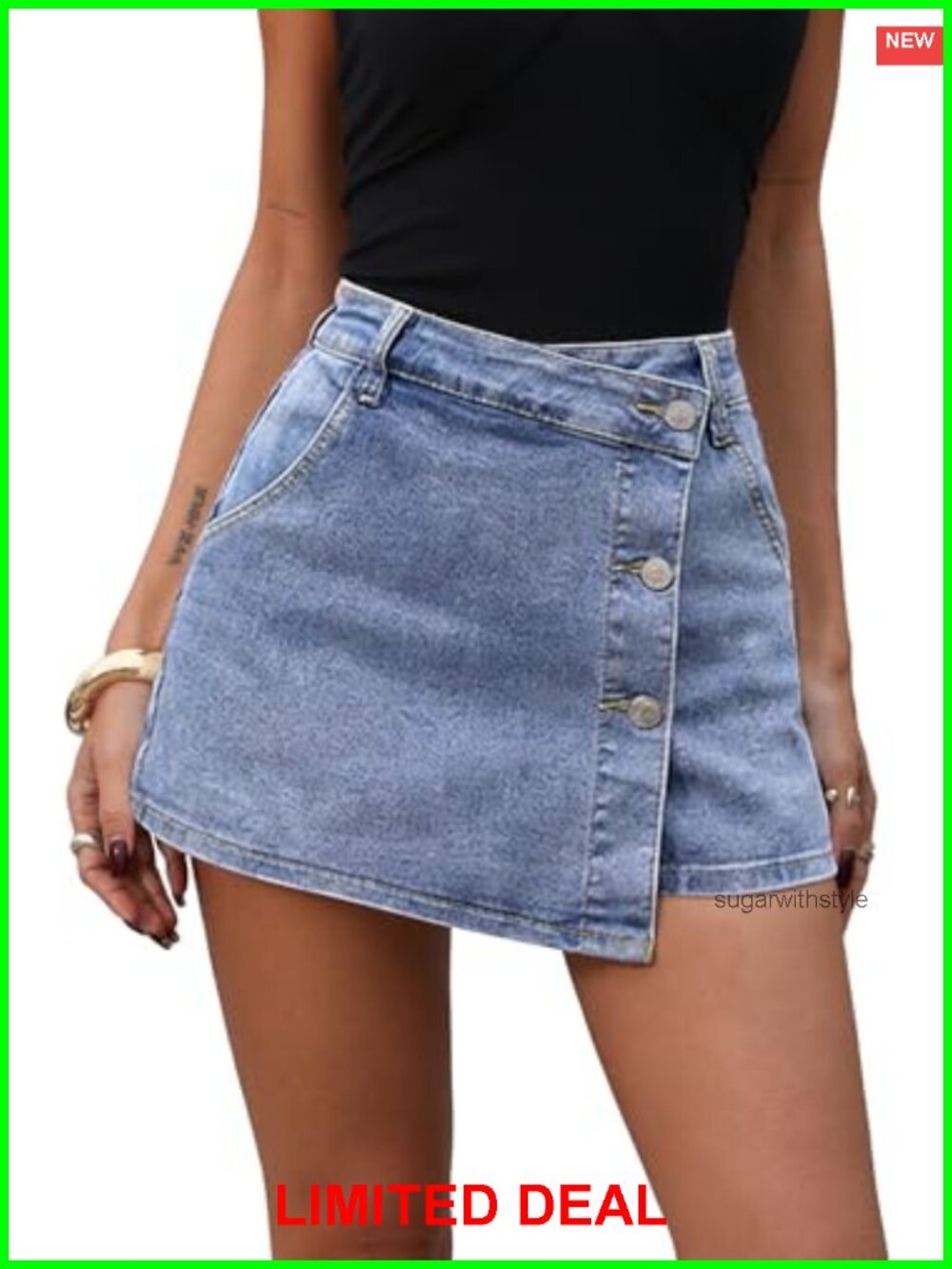 High Waisted Asymmetrical Denim Skort with Button Front